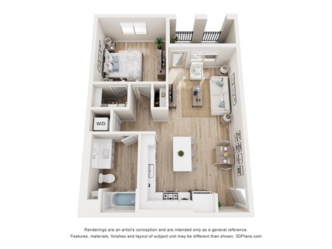 A 3D floor plan of a small apartment with a kitchen, living room, and bathroom.